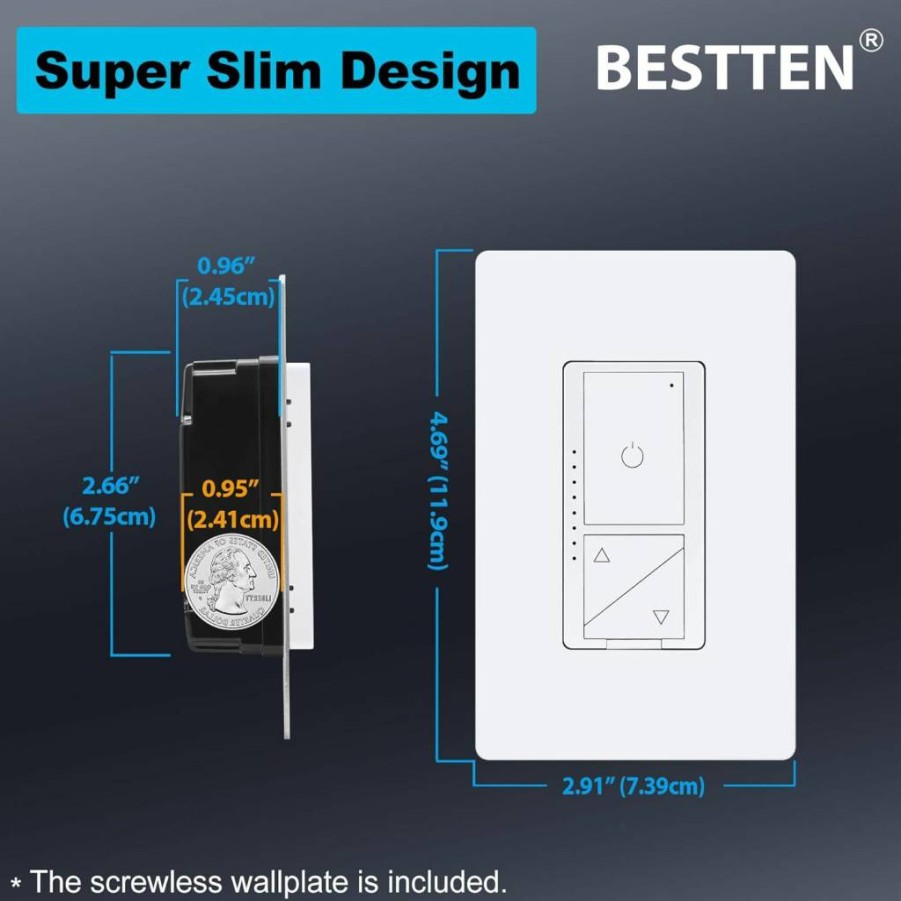 BESTTEN White Super Slim LED Dimmer Switch with 3-Button Control, Air Gap Safety Cutoff, Single/3-Way Dimmable, Screwless Wall Plate, ETL Certified