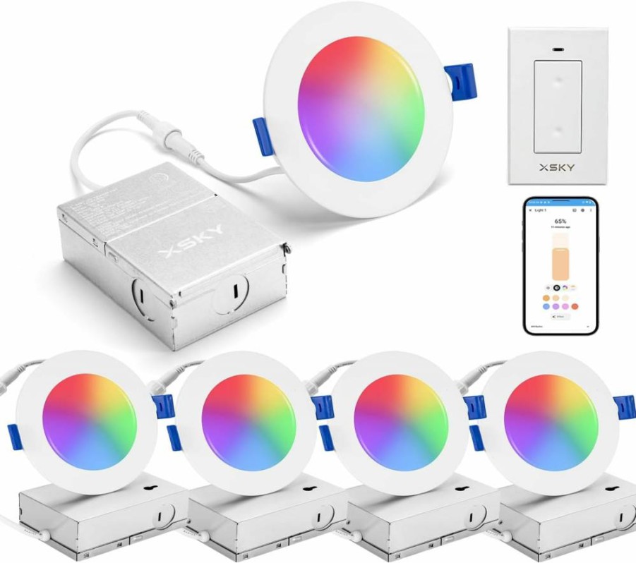 Xsky 4-Pack Smart Recessed Downlights with Dimmer Switch - 4 Inch RGB+CW Zigbee 3.0 Lights (10W 750LM) Works with Alexa, Google Home & SmartThings - 16M Colors Dimmable LED Ceiling Lights for Home Automation