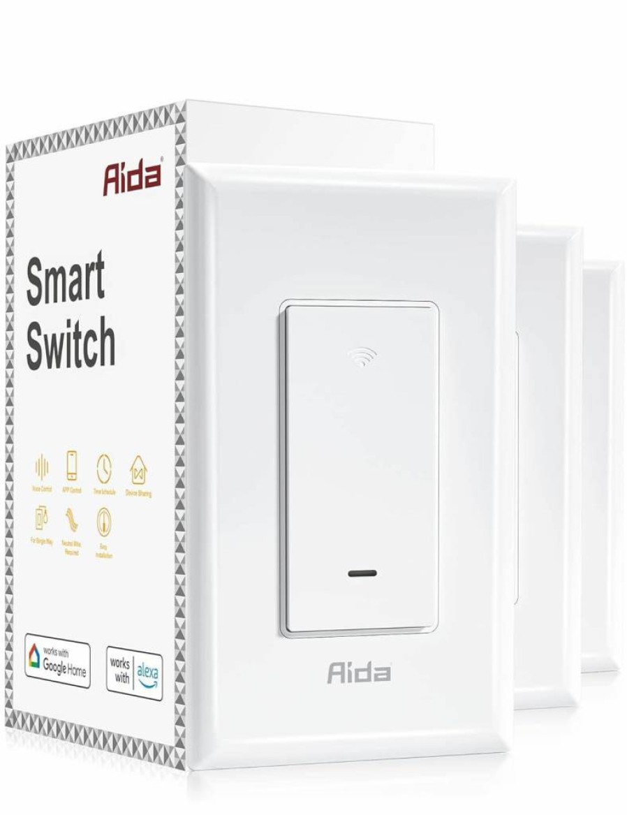 AIDA 3-Pack Smart Dimmer Light Switch, Single Pole WiFi 2.4GHz, Works with Alexa & Google Assistant, Compatible with LED/CFL/Incandescent Bulbs, Neutral Wire Required, No Hub Needed, White