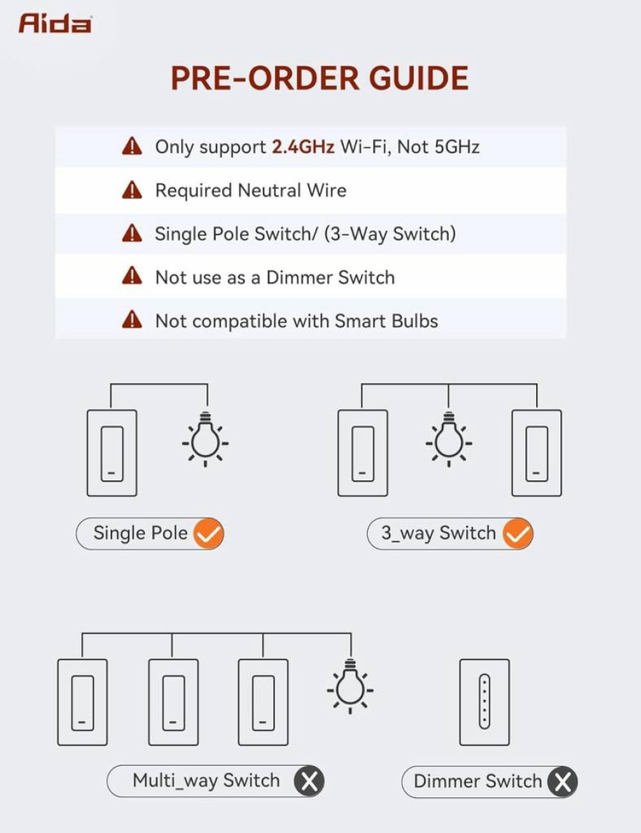 AIDA 3-Pack Smart Dimmer Light Switch, Single Pole WiFi 2.4GHz, Works with Alexa & Google Assistant, Compatible with LED/CFL/Incandescent Bulbs, Neutral Wire Required, No Hub Needed, White
