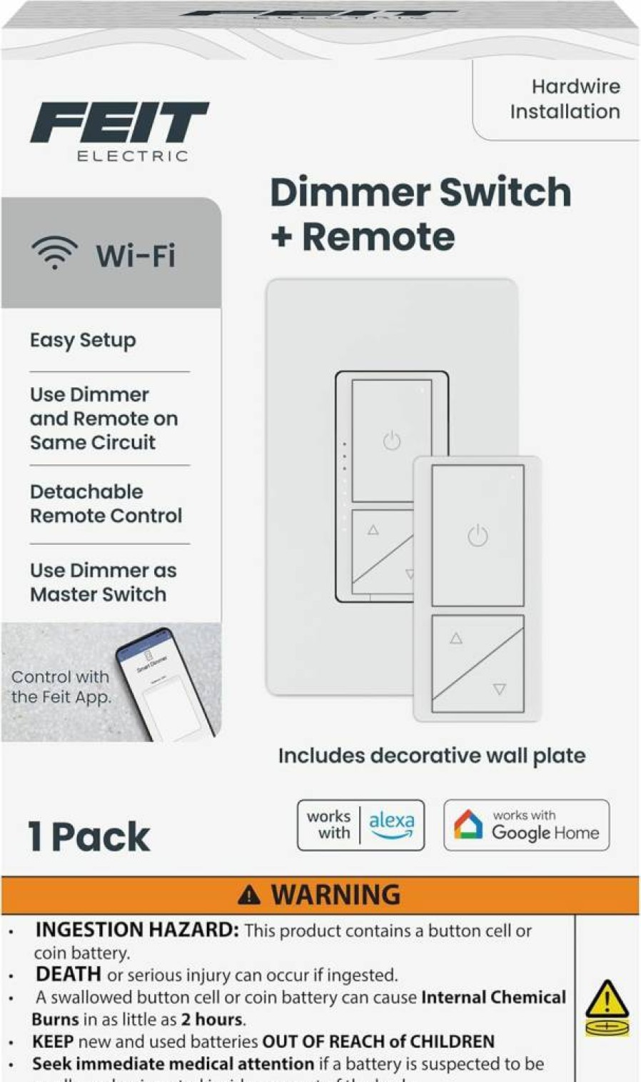 Feit Electric Smart WiFi Dimmer Switch with Remote - Alexa & Google Assistant Voice Control, App & Wireless Remote, Single-Pole/3-Way/4-Way, Neutral Wire Required, Works with Dimmer/Button/WiFi