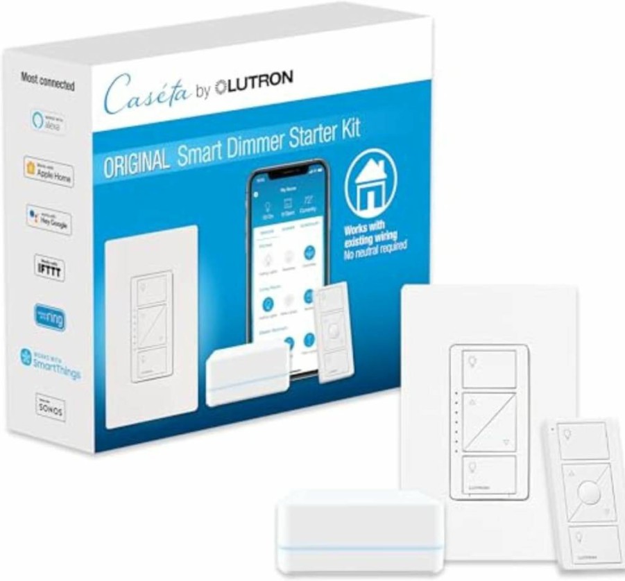 Lutron Caseta Smart Dimmer Switch Starter Kit with Pico Remote, Smart Hub, Wall Plate - No Neutral Required, 3-Way Compatible, 150W, Works with Alexa, Google Home & Apple HomeKit (P-Bdg-Pkg1W)