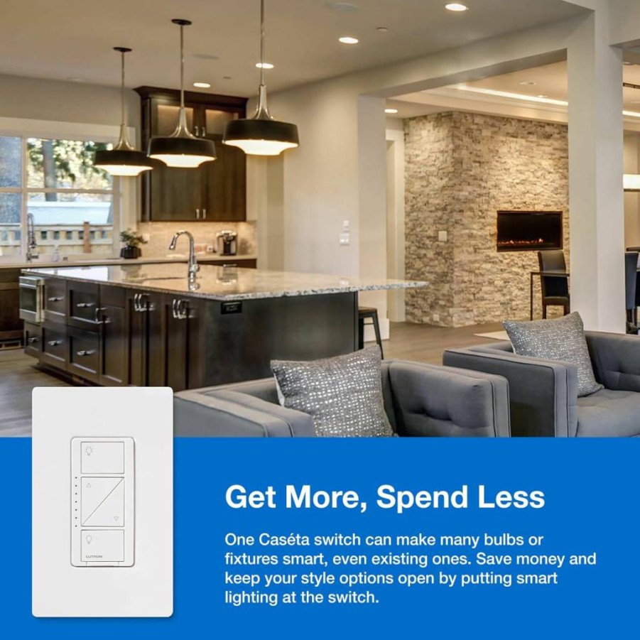 Lutron Caseta Smart Dimmer Switch Starter Kit with Pico Remote, Smart Hub, Wall Plate - No Neutral Required, 3-Way Compatible, 150W, Works with Alexa, Google Home & Apple HomeKit (P-Bdg-Pkg1W)