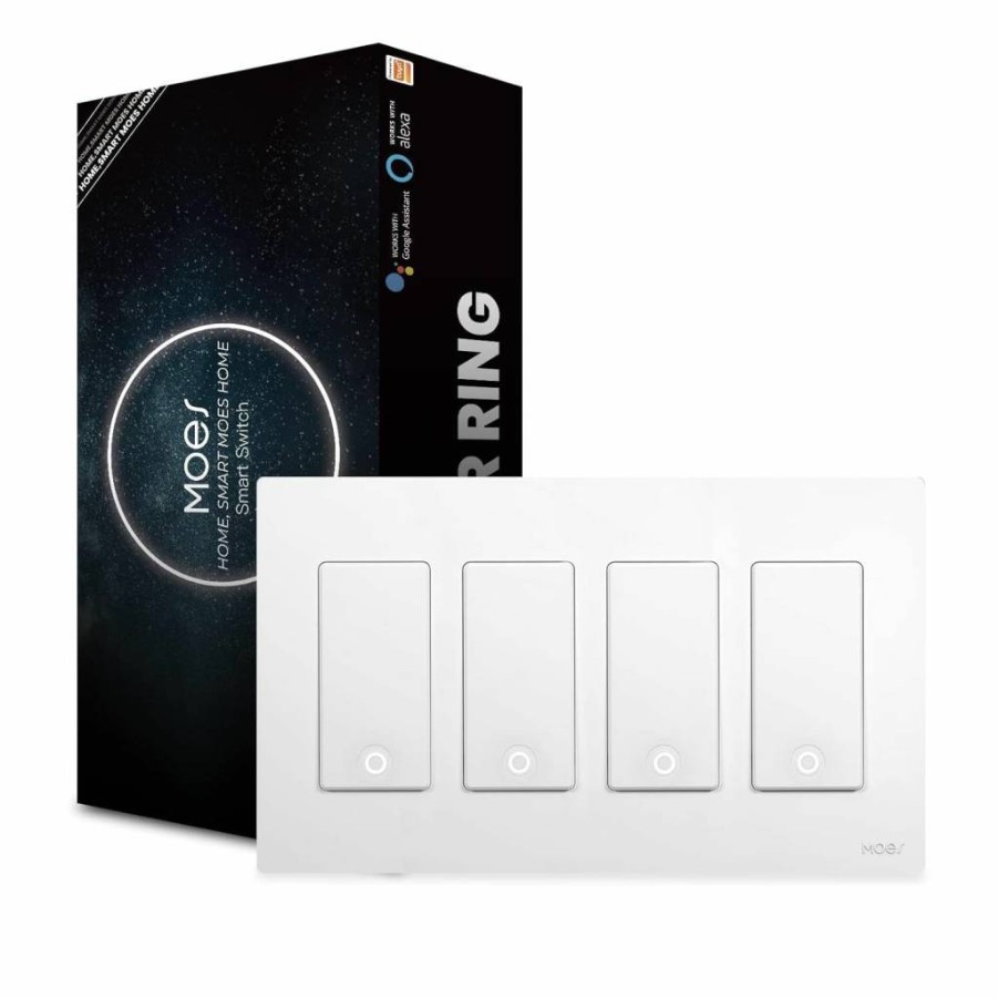 MoesGo 4-Gang Smart WiFi Light Switch 2nd Gen, 2.4GHz 3-Way Wall Switch, Works with Alexa & Google Home, No Hub Required, Neutral Wire Needed, Smart Life App Control, White