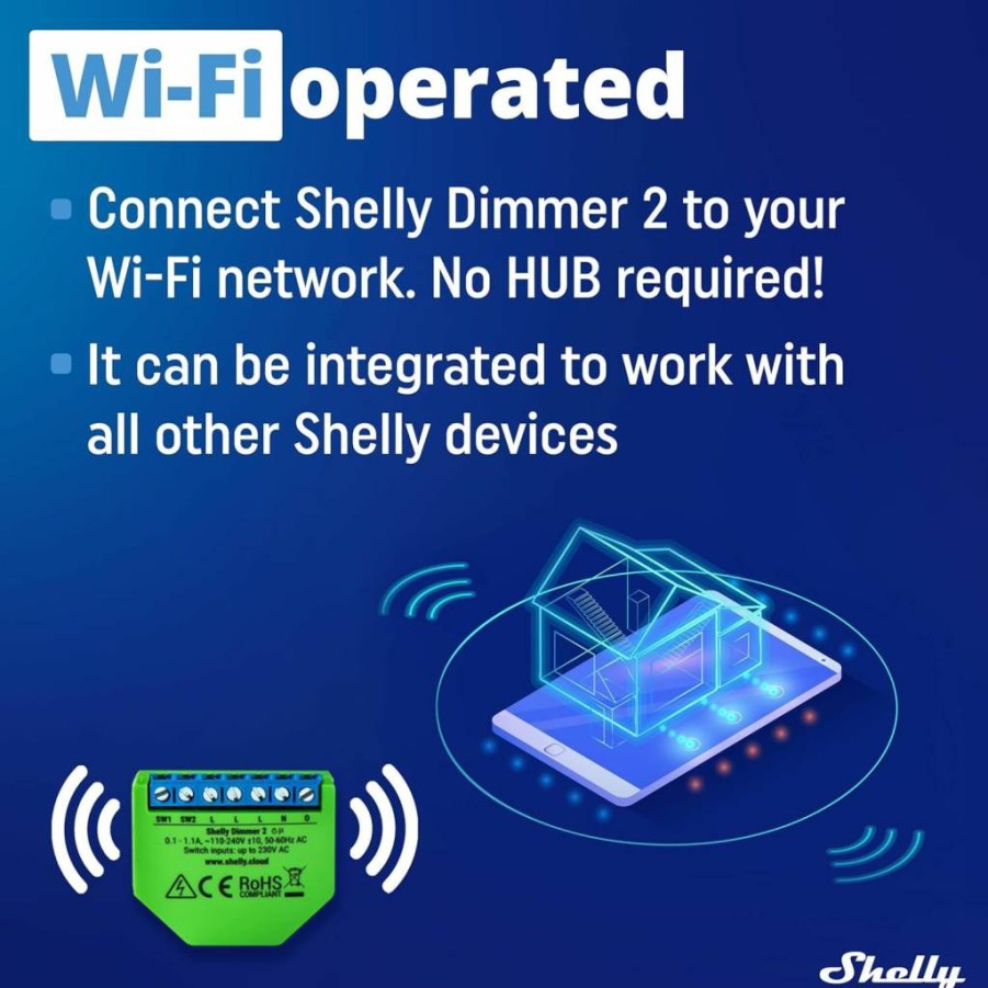 Shelly Dimmer 2 Smart Switch - No Neutral Wire, Works with Alexa & Google Home, iOS Android App Control, Wireless Dimming for Home Automation, Hub-Free