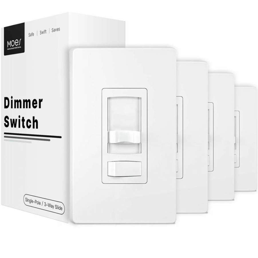 MOES 4-Pack Black Dimmer Light Switches, 3-Way & Single Pole, Compatible with LED/CFL/Incandescent/Halogen, 600W Max, Slide Dimmer On/Off Switch, No Neutral Wire Required