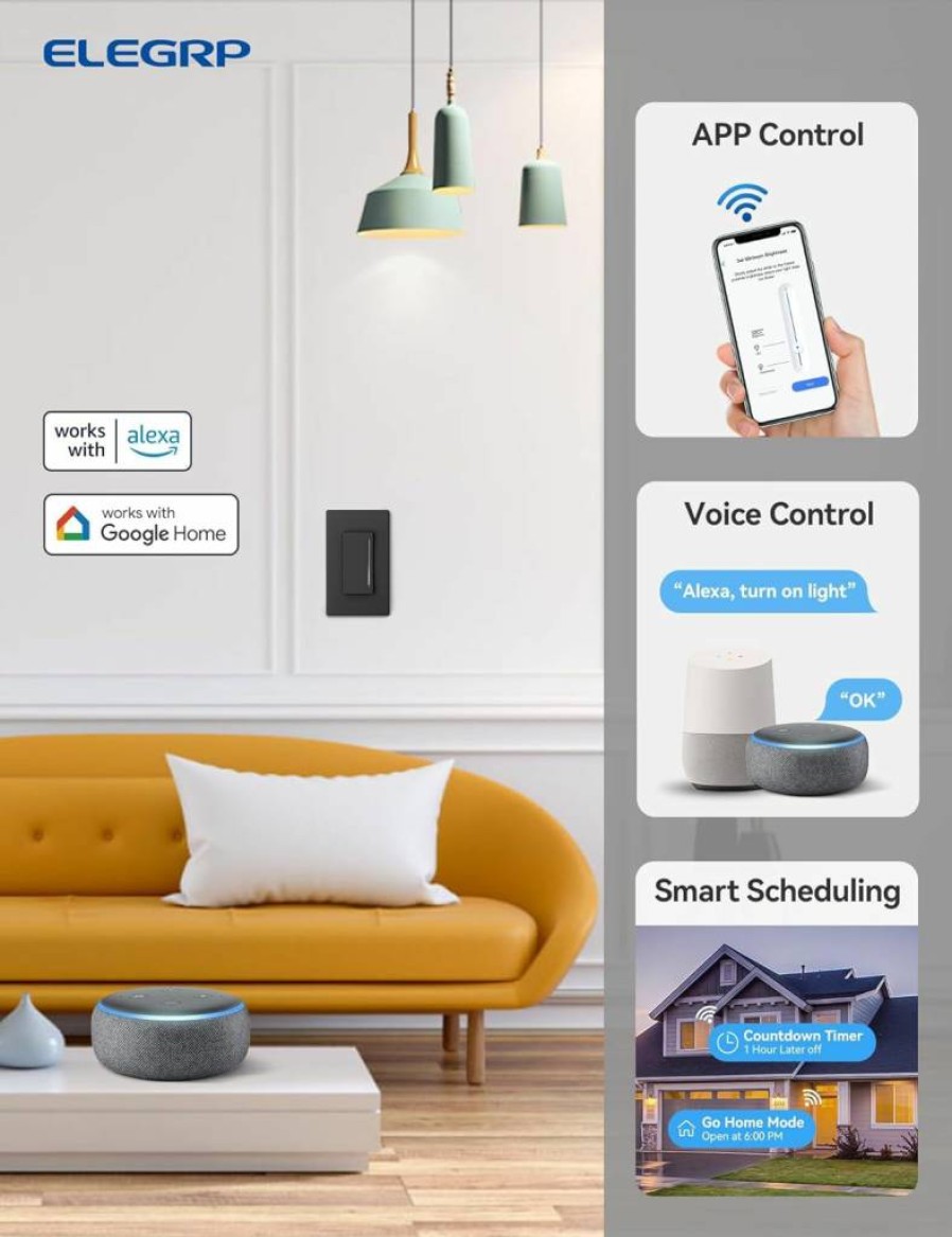 ELEGRP Smart Dimmer Switch 4 Pack, WiFi 2.4GHz Touch Light Dimmer Compatible with Alexa & Google Home, Single Pole No Hub Required, Neutral Wire Needed, UL FCC Certified, White