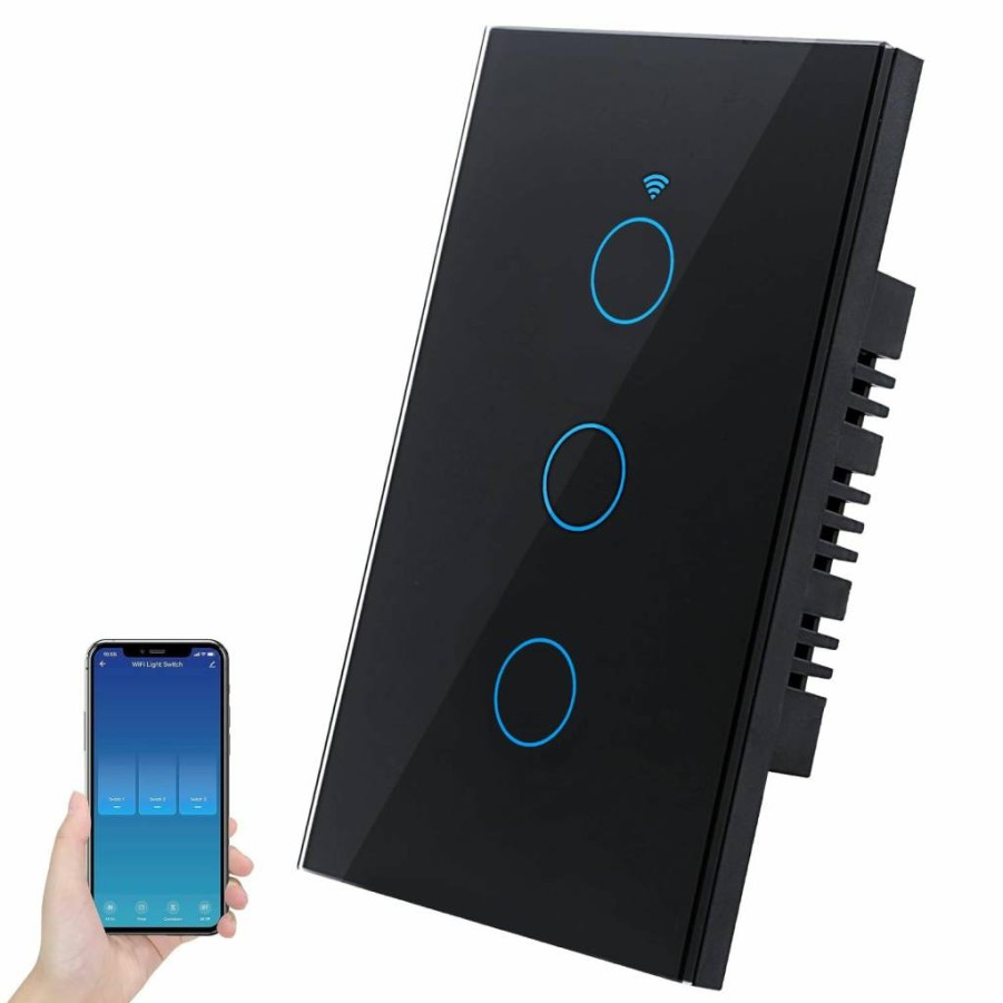 Windshoon 3 Gang Smart Light Switch with RF433 Remote Control, Neutral Wire Required, Tempered Glass Panel, Compatible with Alexa, Google Home, Smart Life/Tuya App, Touch Switch Single Pole (Black)