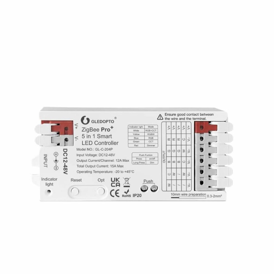GLEDOPTO Zigbee 3.0 Smart LED Controller Pro - 5-in-1 RGB CCT RGBW PWM Dimmer for DC 12-48V Strips, 15A Max, Works with Alexa, Tuya, Conbee & Smart Hubs (Hub Required)