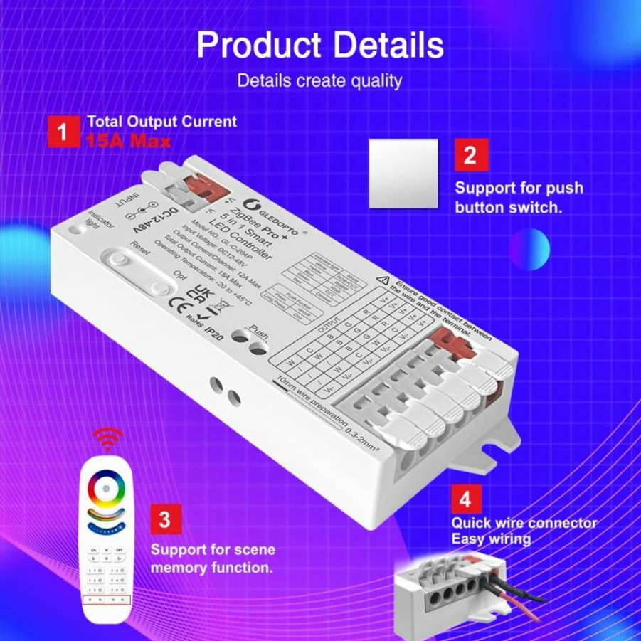 GLEDOPTO Zigbee 3.0 Smart LED Controller Pro - 5-in-1 RGB CCT RGBW PWM Dimmer for DC 12-48V Strips, 15A Max, Works with Alexa, Tuya, Conbee & Smart Hubs (Hub Required)