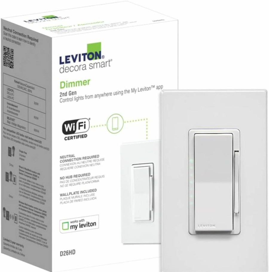 Leviton Decora Smart Dimmer Switch 2nd Gen, Wi-Fi Enabled, Works with Alexa, Google Assistant, Apple HomeKit, Matter, No Neutral Wire Required, 3-Way Compatible, White (D26HD-2RW)
