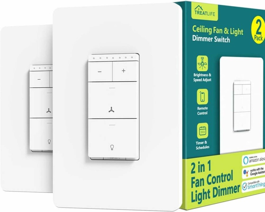 TREATLIFE 2-Pack Smart Wi-Fi Ceiling Fan Control and Dimmer Light Switch, Neutral Wire Required, Compatible with Alexa, Google Home, and SmartThings, Remote Access, Single Pole 2.4GHz
