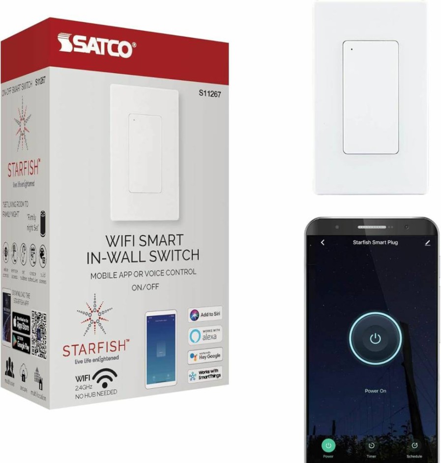 Satco S11268 WiFi Smart Dimmer Switch for LED & Incandescent Lights, Compatible with Alexa, Google Assistant, Siri & SmartThings, 450W 120V, White Starfish Design