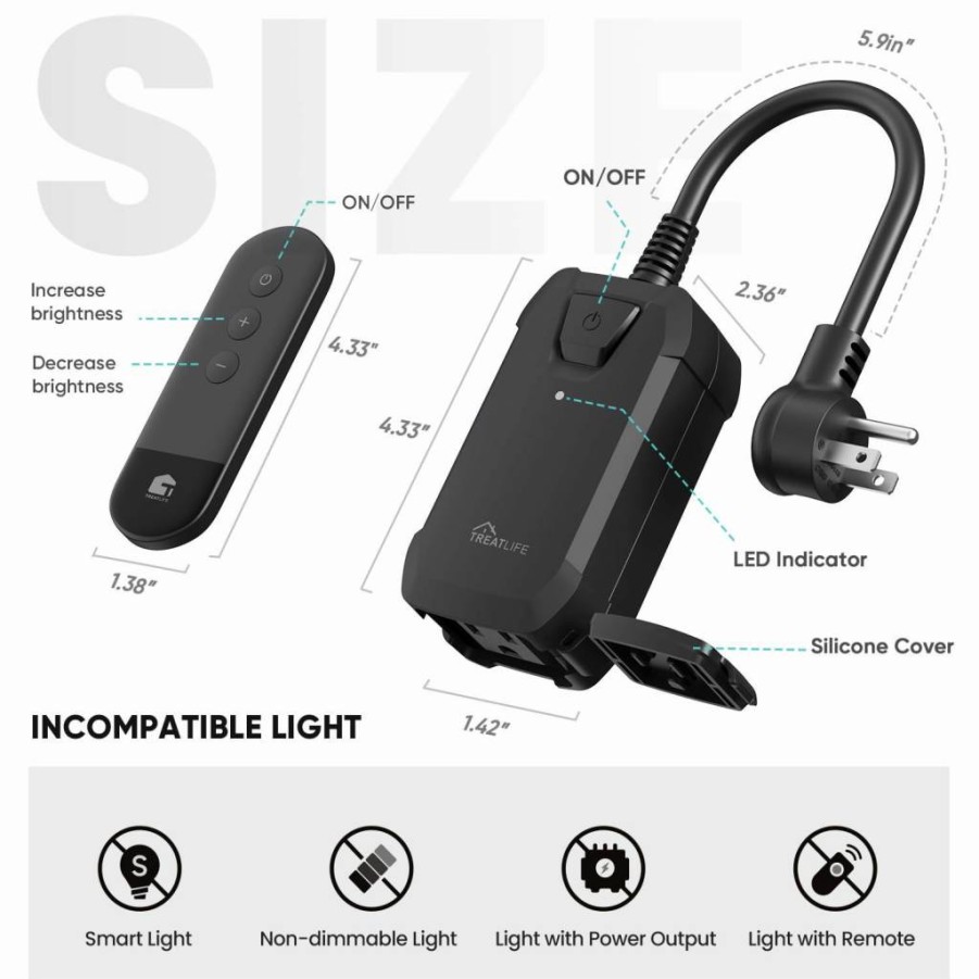 TREATLIFE Outdoor Dimmer Plug with Wireless Remote, IP44 Weatherproof, 400W Max for String Lights, Lamps & Patio, 100ft Range