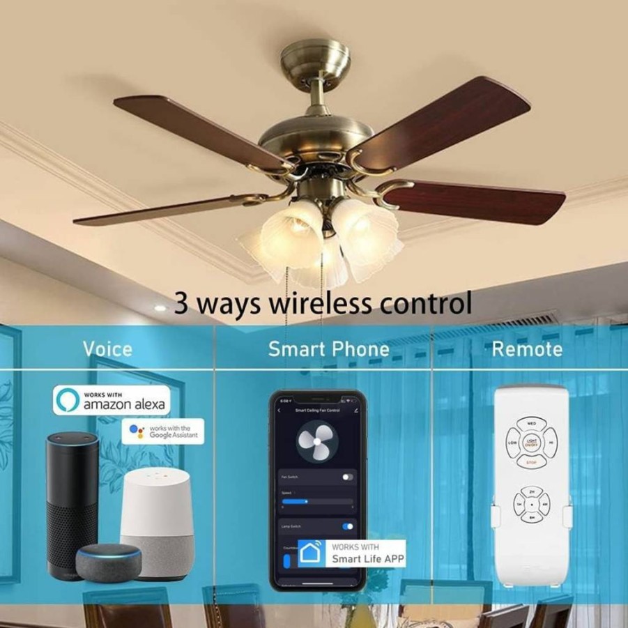 53T Smart Ceiling Fan Control Kit with Wi-Fi, 3-Speed & Dimmer, Works with Alexa, Google Home & Smart Life App, No Hub Required