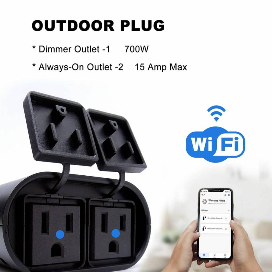 EVA LOGIK Outdoor Smart Dimmer Plug WiFi Light Switch Compatible with Alexa & Google Home, 15A IP65 Waterproof for Dimmable Lamps, WF96D