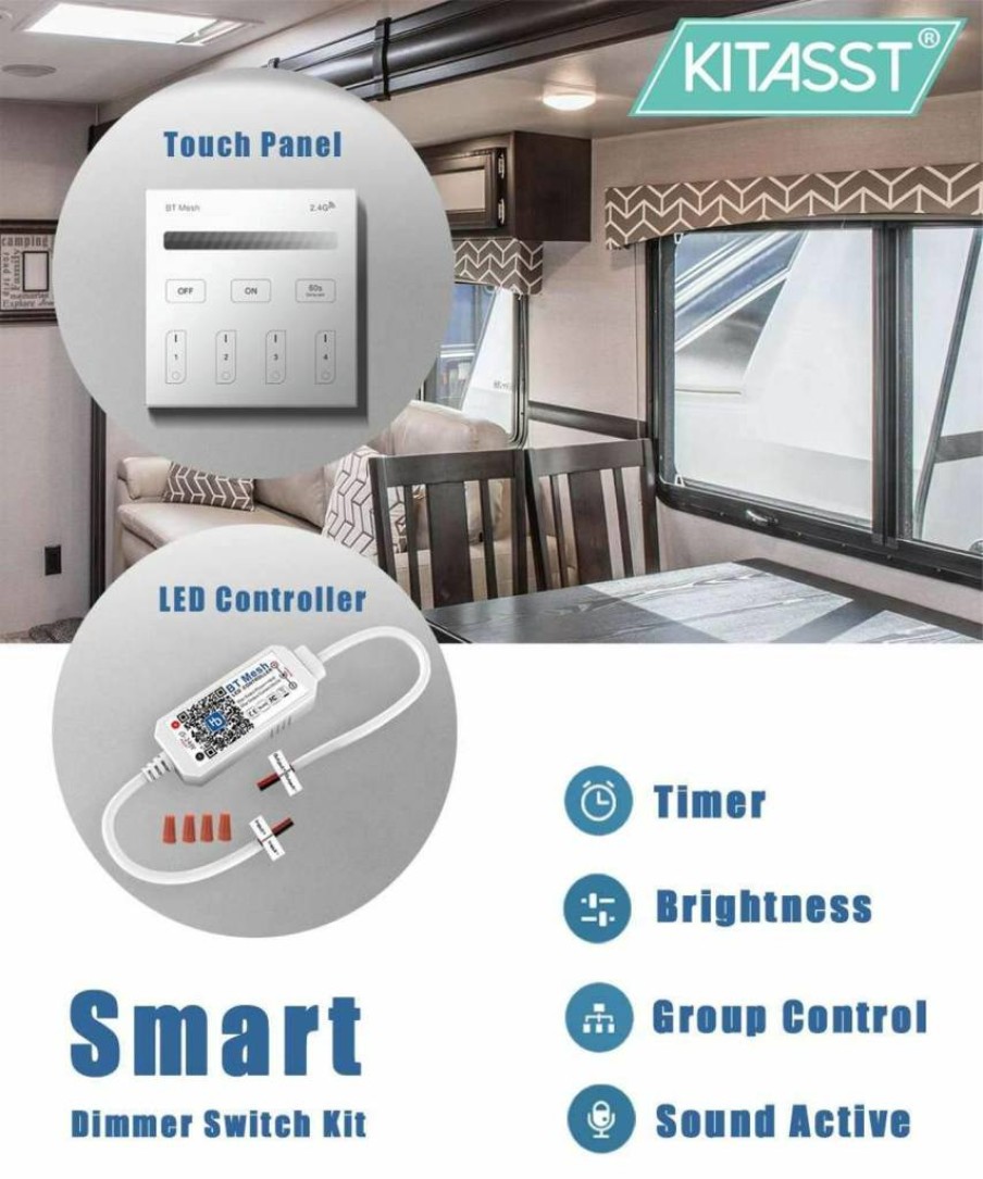 KITASST 12V LED Dimmer Switch Kit - Smart Touch Panel Controller for RV, Truck, Camper Lights - Compatible with Halogen, Incandescent, Puck & Strip Lighting (New Version)