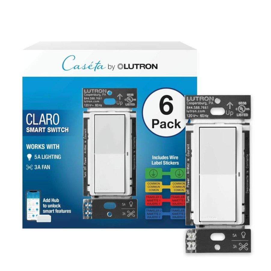 Lutron Claro Smart Switch with Wall Plate for Caseta Smart Lighting - 5A, Single-Pole/3-Way, Neutral Wire Required, DVRFW-5NS-WH-A, White (Requires Lutron Smart Hub)