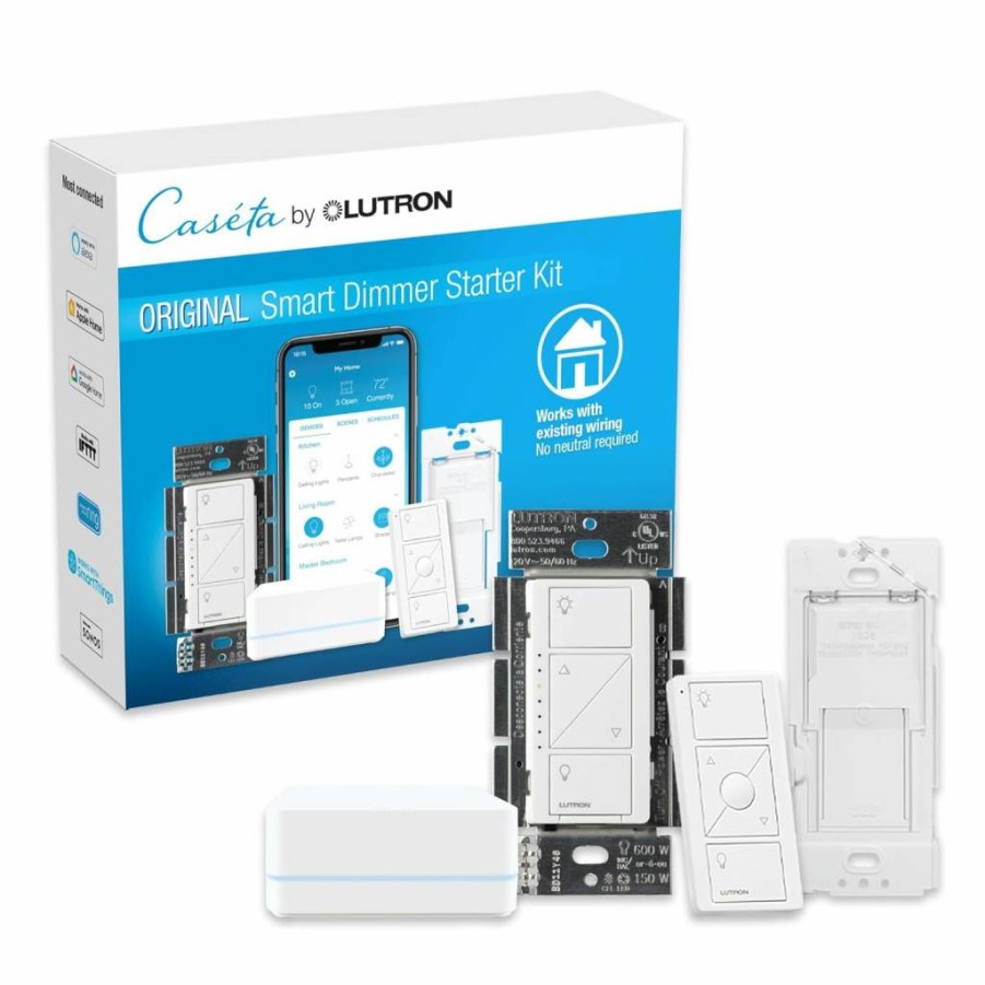 Lutron Caseta Smart Dimmer Switch Kit with Hub, Pico Remote & Wall Mount - Works with Alexa, Apple Home, Google Home, No Neutral Required, 3-Way Compatible, 150W, P-Bdg-Pkg1W-A