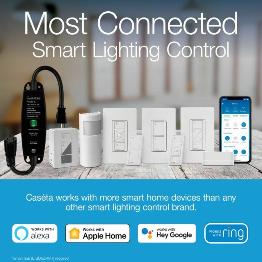 Lutron Caseta Smart Dimmer Switch Kit with Pico Remote for Dimmable LED Floor & Table Lamps, 100W Single-Pole/3-Way, White (P-PKG1P-WH)