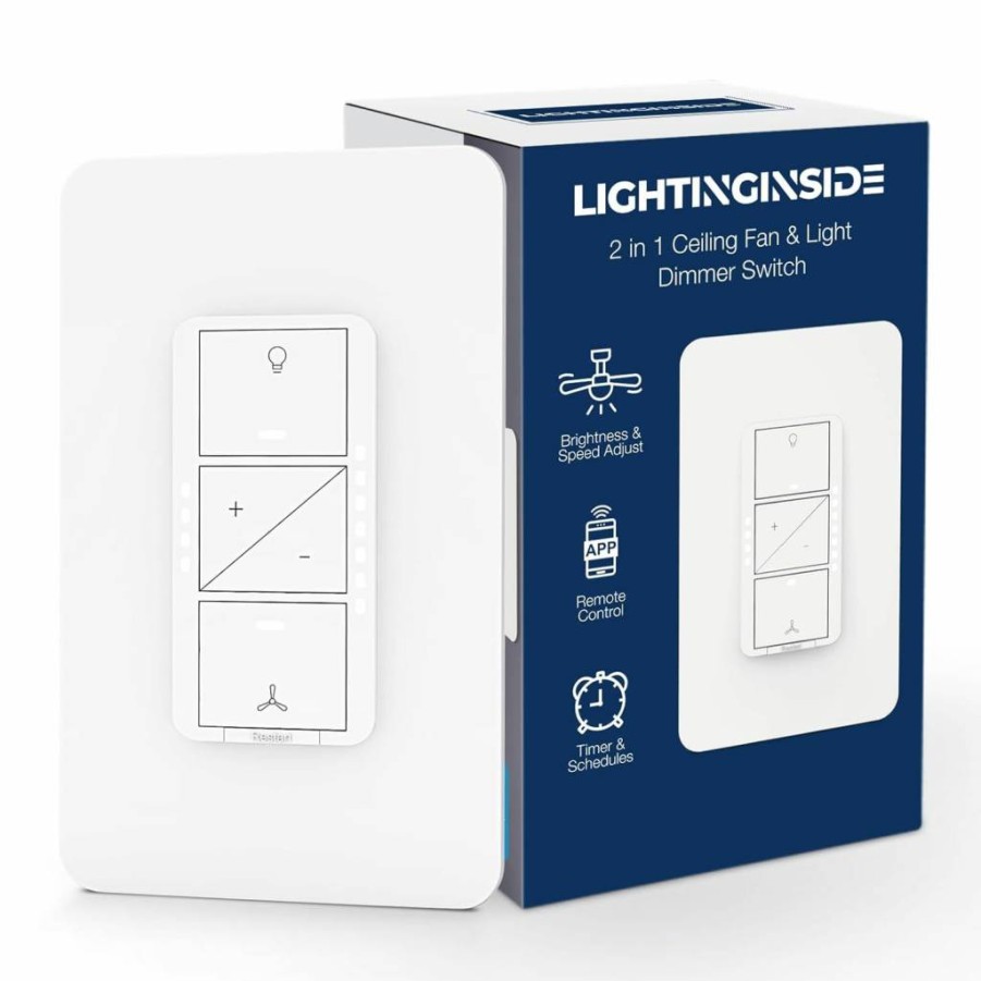 Lightinginside Smart Ceiling Fan & Light Dimmer Switch with Alexa/Google Assistant/Smart Life Compatibility, 2.4GHz WiFi, Timer Function, No Hub Required, Neutral Wire Needed, 2-Pack