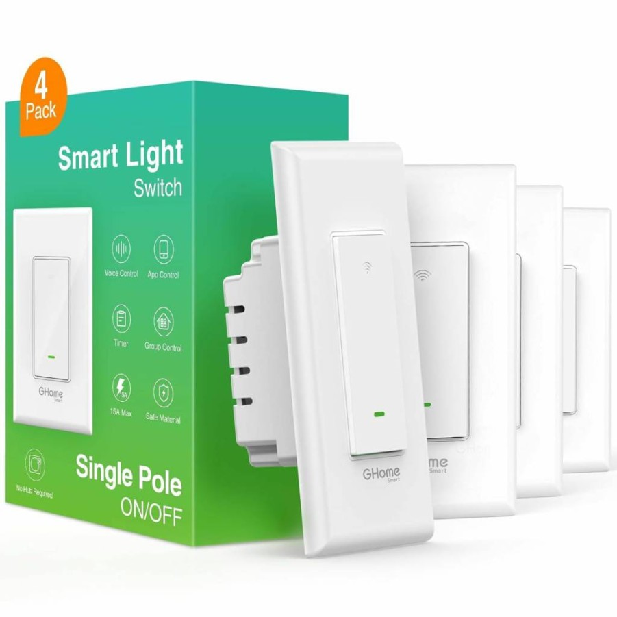 GHome Smart Wi-Fi Light Switch 4-Pack, 3-Way Compatible with Alexa & Google Home, Neutral Wire Required, FCC Certified, White, Smart Timer Scheduling for 2.4GHz Networks