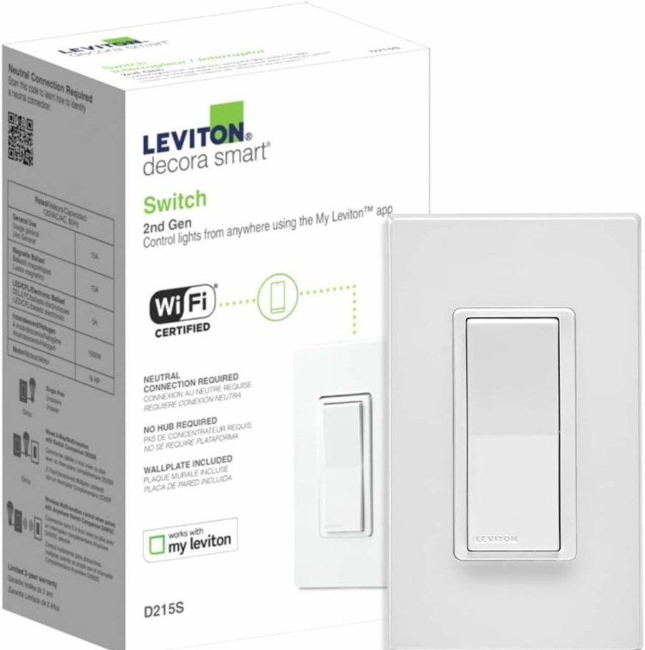 Leviton Decora Smart Switch 2nd Gen WiFi, Works with Alexa Google Home Apple Siri, Neutral Wire Required, 3-Way Compatible, Matter Enabled, White D215S-2RW